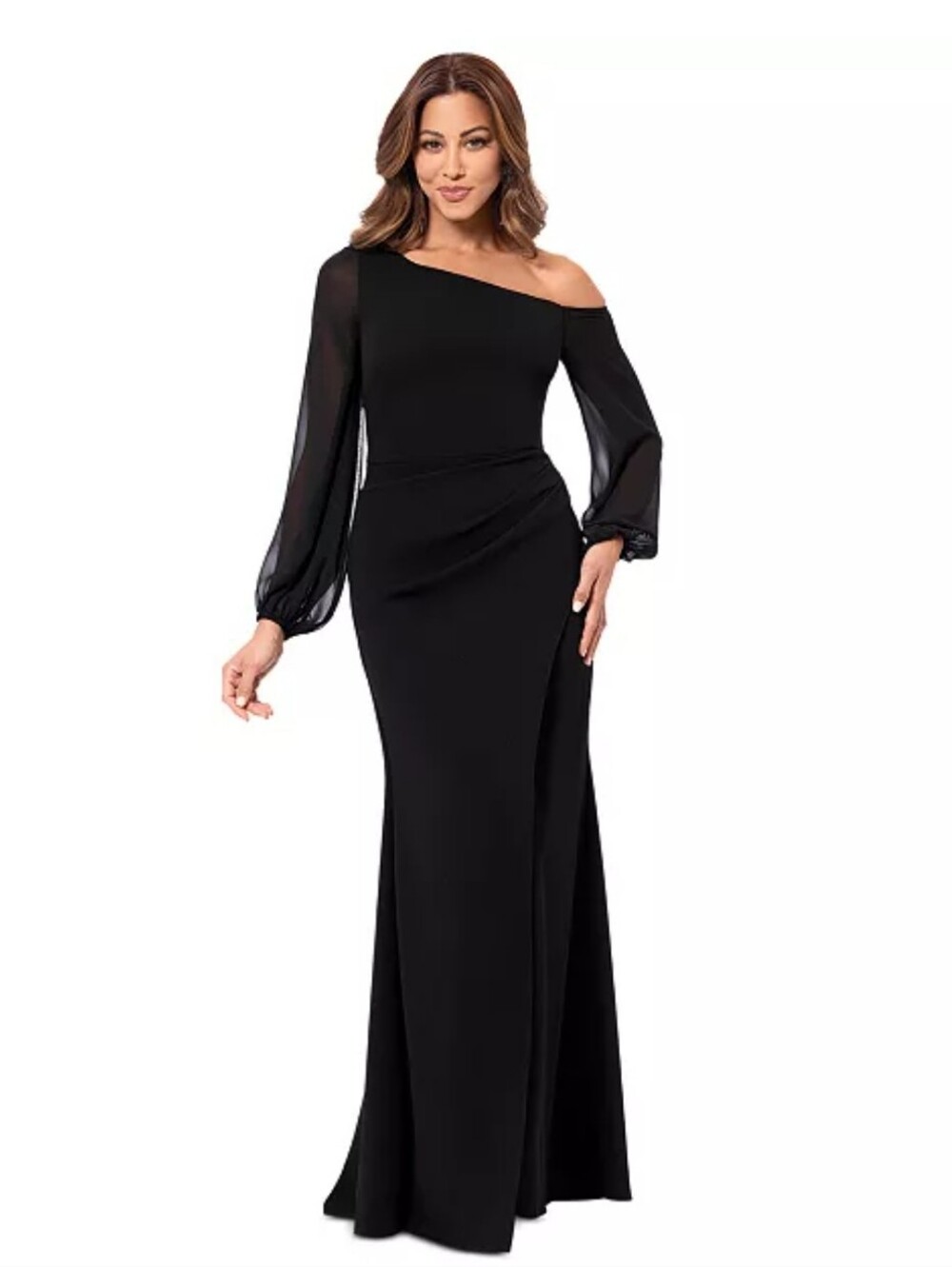 Betsy Adam Black Formal Gown 18W Plus Size Long Sleeve Ruched Evening Dress NWT